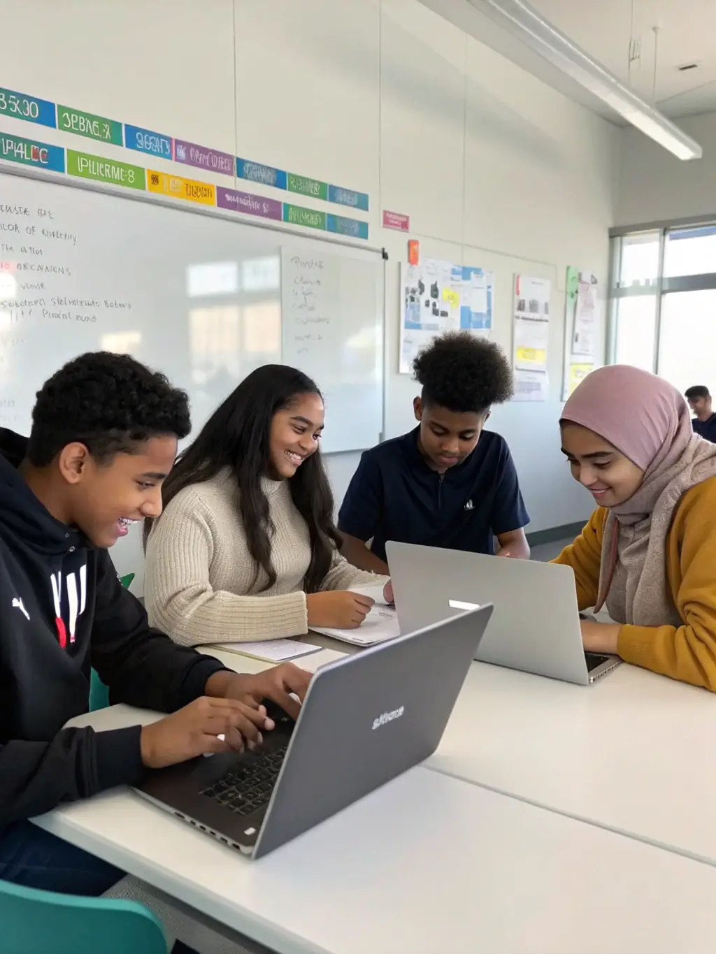A diverse group of students collaborating on a math project, illustrating teamwork and a supportive learning environment.