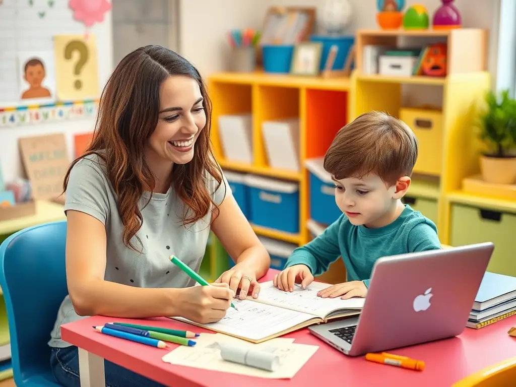 A young student smiling confidently while solving a math problem with a tutor in a brightly lit, modern classroom setting. The focus is on the student's engagement and the tutor's supportive guidance.
