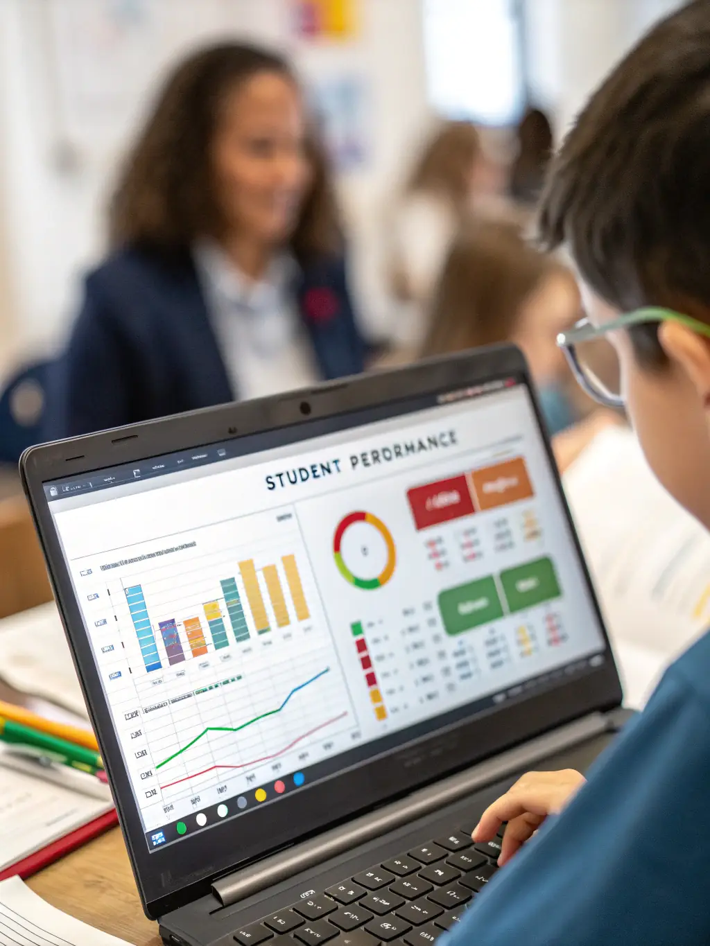 A digital dashboard displaying a student's progress in various math topics, highlighting areas of improvement and mastery.