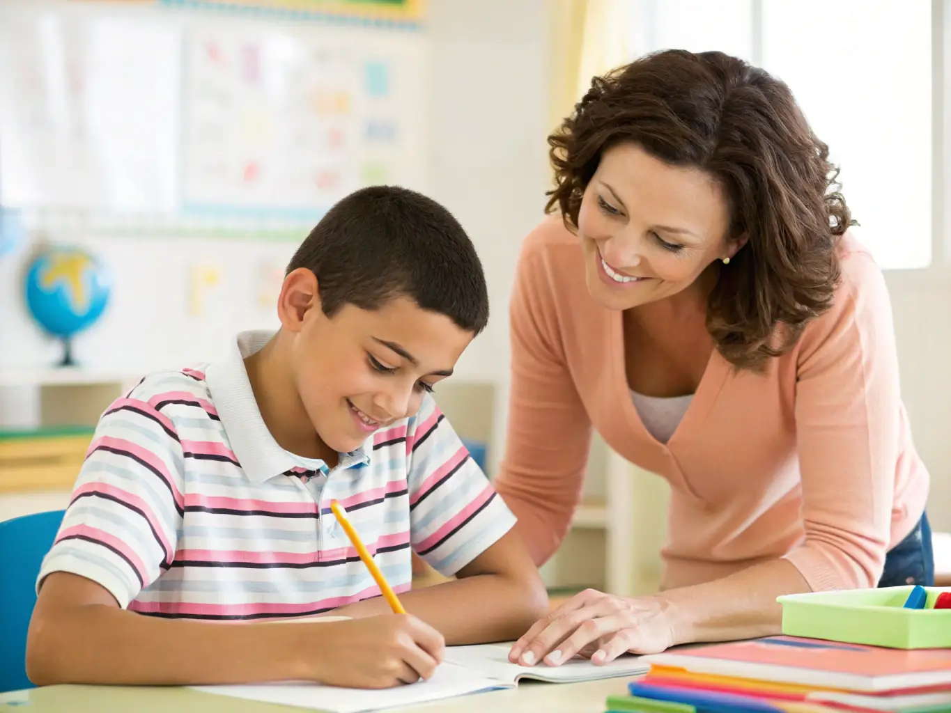 A high school student deeply engaged in a complex algebra problem, with a tutor providing step-by-step guidance and encouragement in a quiet study environment.