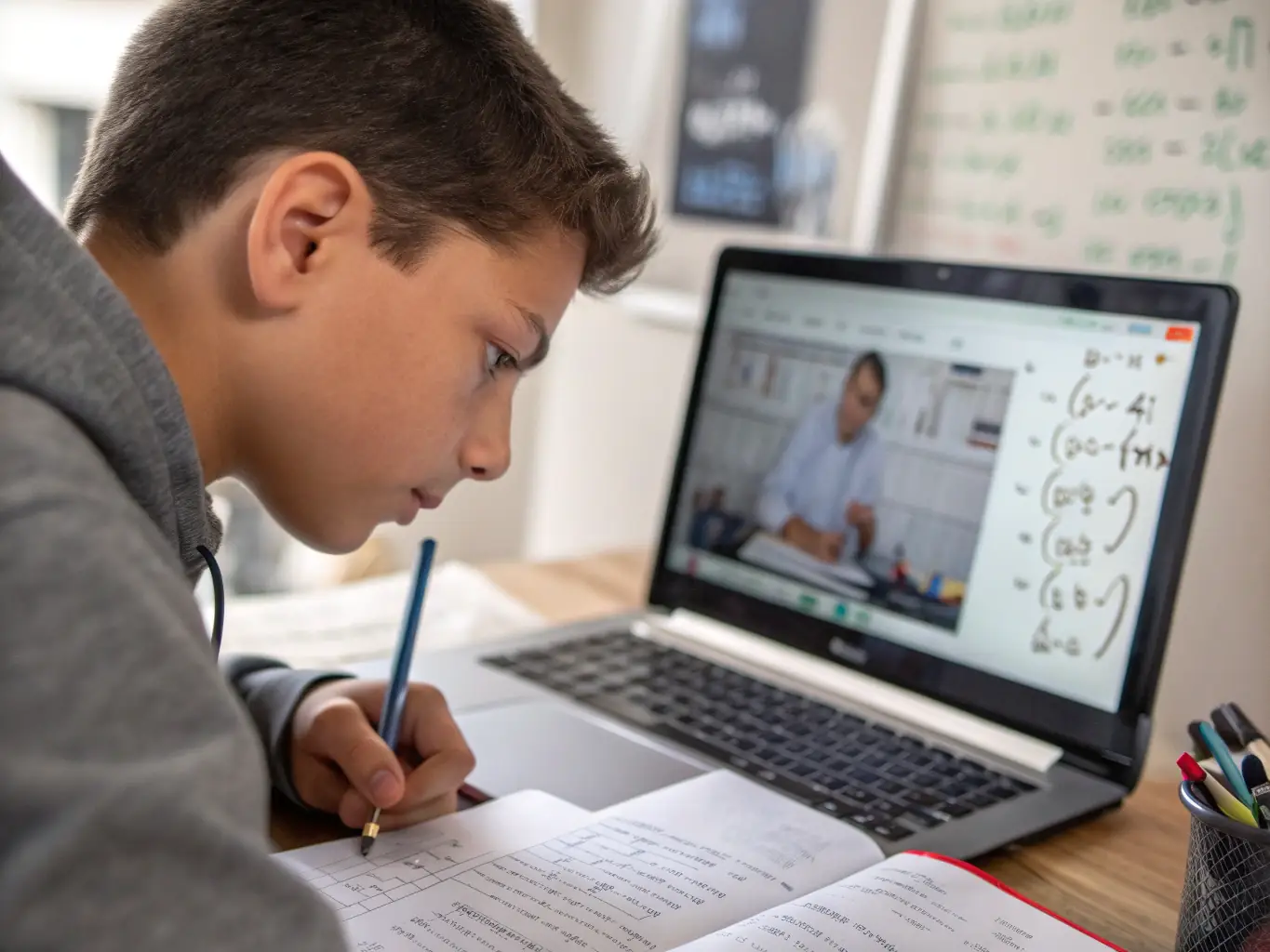 A college student working on a calculus problem with a tutor, using advanced mathematical software and tools in a collaborative online session.